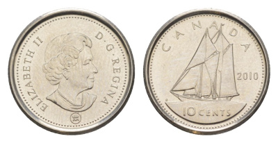 Канада 10 центов 2010 Leaf, Елизавета II (1952-2022), парусник KM 492 сталь плакированная никелем UNC 4630-864
