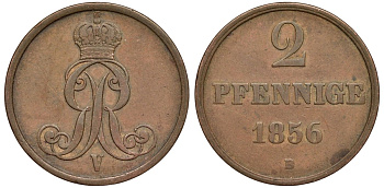 Брауншвейг-Каленберг-Ганновер 2 пфеннига 1856 B, Георг V (1851-1866) KM 217,  AKS 152, J. 84 медь 4142-227
