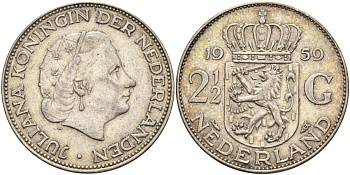 Нидерланды 2 1/2 гульдена 1959 Юлиана (1948-1980) KM 185 серебро 4131-1114