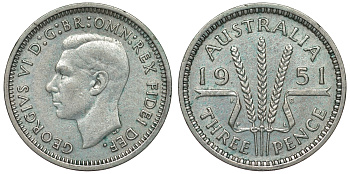 Австралия 3 пенса 1951 m, Георг VI (1937-1952), без букв KM 44 серебро 71-316