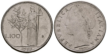 Италия 100 лир 1992 KM 96.2 нержавеющая сталь 4173-666