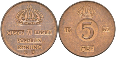 Швеция 5 эре 1967 U, Густав VI Адольф (1950-1973) KM 822 бронза 4557-824