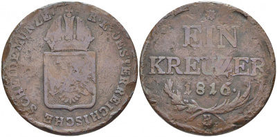 АВСТРИЯ 1 КРЕЙЦЕР 1816 В, ФРАНЦ II (1792-1835) KM 2113 медь 114-845