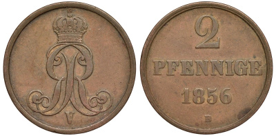 Брауншвейг-Каленберг-Ганновер 2 пфеннига 1856 B, Георг V (1851-1866) KM 217,  AKS 152, J. 84 медь 4142-227