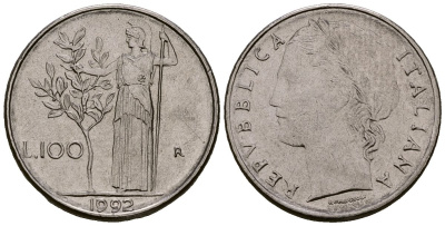 Италия 100 лир 1992 KM 96.2 нержавеющая сталь 4173-666