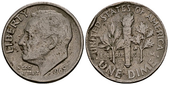 США 10 центов (дайм) 1967 Рузвельт KM 195a медь плакированная медно-никелем 4164-939