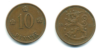 Финляндия 10 пенни 1921 республика (1918-1962) KM 24 медь 29-352