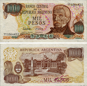 Аргентина 1000 песо 1982 серия I 77550, Генерал Сан Мартин Pick 304d бумага 6293-44-1-2