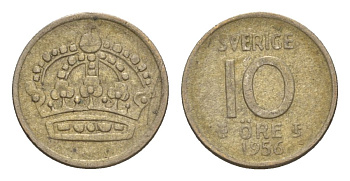 Швеция 10 эре 1956 TS, Густав VI Адольф (1950-1973) KM 823 серебро 4632-749