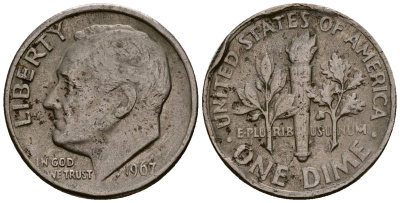 США 10 центов (дайм) 1967 Рузвельт KM 195a медь плакированная медно-никелем 4164-939