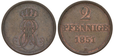 Ганновер 2 пфеннига 1851 B, Эрнст Август (1837-1851) KM 202.1, AKS 124, J. 75 медь 72-412