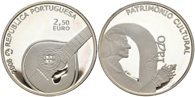 Португалия 2 1/2 евро 2008 серия культурное наследие Европы, певица Амалия Родригес, гитара фаду с гербом Португалии KM 783а серебро PROOF 01-167-11