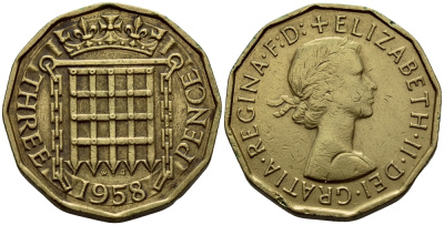 Великобритания 3 пенса 1958 Елизавета II (1952-2022) KM 900, Spink 4153 никель латунь 41-1217