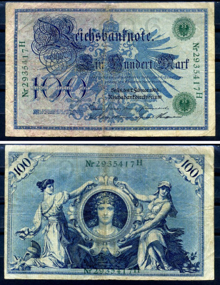 Германия 100 марок 1908 7 февраля 1908, выпуск конец 1916 - ноябрь 1918, зеленая печать Pick 34 бумага 8619-33-2-1