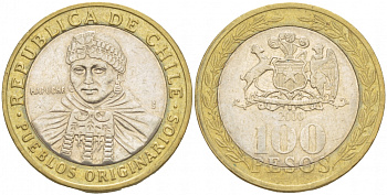 Чили 100 песо 2008 индейцы Мапуче KM 236 биметалл 4541-125