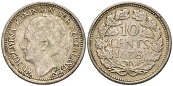 Нидерланды 10 центов 1938 Вильгельмина I (1890-1948) KM 163 серебро 188-913