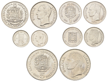 Венесуэла годовой набор из 5 монет (25 и 50 сентимо; 1, 2 и 5 боливаров) 1989 Симон Боливар Y 41a, 43a, 50a, 52a и 53a сталь плакированная никелем UNC 4667-714-716