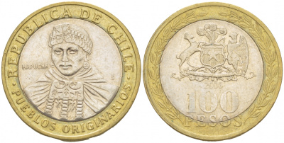 Чили 100 песо 2008 индейцы Мапуче KM 236 биметалл 4541-125