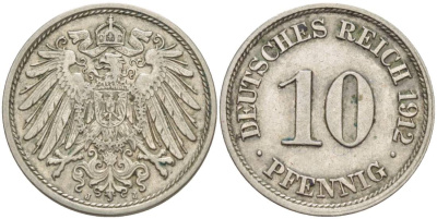 Германия 10 пфеннигов 1912 J KM 12, Jager 13, Weege 8 медно-никель 219-226