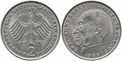 ФРГ 2 МАРКИ 1973 D, КОНРАД АДЕНАУЭР KM 124, J. 406 медно-никель плакированный никелем 113-142