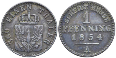 ПРУССИЯ 1 ПФЕННИГ 1854 А, ФРИДРИХ ВИЛЬГЕЛЬМ IV (1840-1861) KM 451 медь 201-536