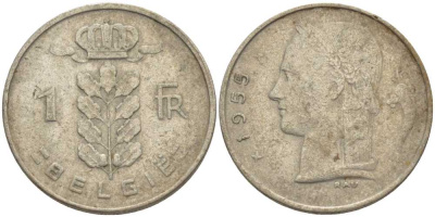 БЕЛЬГИЯ 1 ФРАНК 1955 BELGIE, БОДУЭН I (1951-1993) KM 143.1 медно-никель 119-542