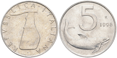 Италия 5 лир 1998 R, дельфин KM 92 алюминий  UNC  4594-965