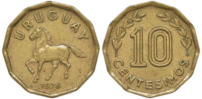 Уругвай 10 сентесимо 1976 KM 66 алюминиевая бронза 4164-722