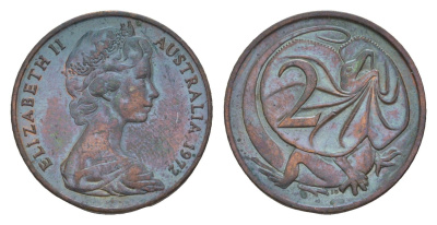 Австралия 2 цента 1972 Елизавета II (1952-2022), плащеносная ящерица KM 63 бронза 4655-1235