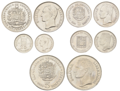 Венесуэла годовой набор из 5 монет (25 и 50 сентимо; 1, 2 и 5 боливаров) 1989 Симон Боливар Y 41a, 43a, 50a, 52a и 53a сталь плакированная никелем UNC 4667-714-716