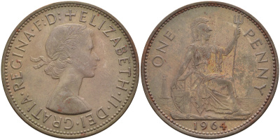 Великобритания 1 пенни 1964 Елизавета II (1952-2022) KM 897, Spink 4157 бронза 4593-242