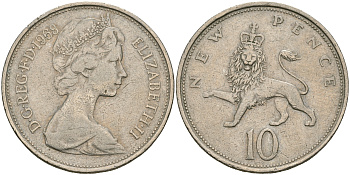 Великобритания 10 пенсов 1968 Елизавета II (1952-2022) KM 912, Spink 4231 (F1) медно-никель 08-414