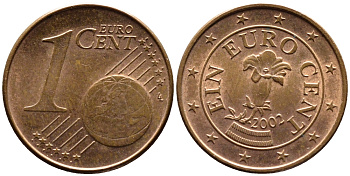 Австрия 1 евроцент 2002 KM 3082 сталь плакированная медью 3334-1144