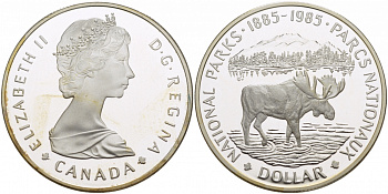 Канада 1 доллар 1985 100 лет национальному парку (1885-1985), лось KM 143 серебро PROOF 1082-2-34