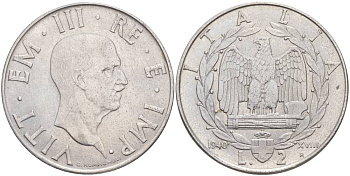 ИТАЛИЯ 2 ЛИРЫ 1940 R, ГОД XVIII, ВИКТОР ЭММАНУИЛ III (1900-1946), МАГНИТНАЯ, ГУРТ РИФЛЁНЫЙ KM 78b, VEM3. 1154 нержавеющая сталь 3855-245