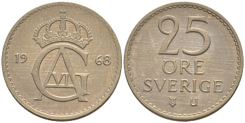Швеция 25 эре 1968 Густав VI Адольф (1950-1973) KM 836 медно-никель UNC 187-838