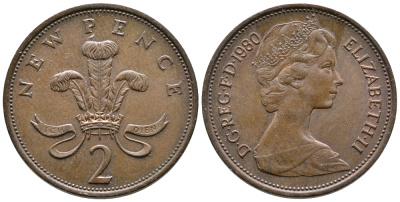 Великобритания 2 пенса 1980 Елизавета II (1952-2022) KM 916, Spink 4235 (C1) бронза 87-735