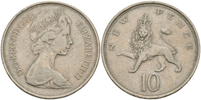 Великобритания 10 пенсов 1968 Елизавета II (1952-2022) KM 912, Spink 4231 (F1) медно-никель 08-414