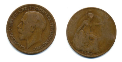 Великобритания 1 пенни 1919 Георг V (1910-1936) КМ 810, Spink 4051 бронза 47-321