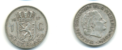 Нидерланды 1 гульден 1957 Юлиана (1948-1980) KM 184 серебро 83-744