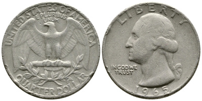 США 25 центов (квотер) 1965 Вашингтон KM 164а медь плакированная медно-никелем 57-1332