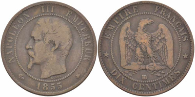 Франция 10 сантимов 1855 BB, Наполеон III (1852-1870) KM 771.3, Le Franc 133.23 бронза    4680-513