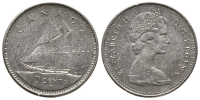 Канада 10 центов 1970 самый редкий год тиража, Елизавета II (1952-2022), парусник KM 77 никель     73-1716