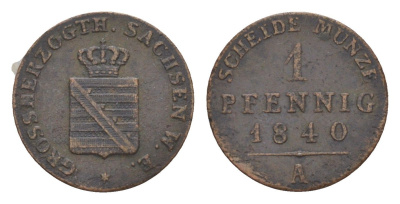 Саксен-Веймар-Эйзенах 1 пфенниг 1840 A, Карл Фридрих KM 196 медь 4615-123