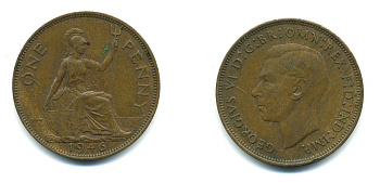 Великобритания 1 пенни 1946 Георг VI (1936-1952) KM 845, Spink 4114 бронза 41-917