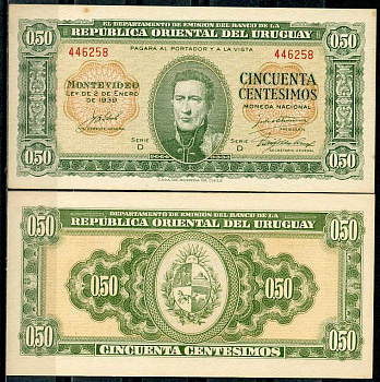 Уругвай 50 сентесимо 1939 Хосе Хервасио Артигас, серия D Pick 34  бумага  UNC (пресс) 447-116-3