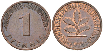 ФРГ 1 пфенниг 1978 G KM 105, J.380 сталь плакированная медью 3309-869