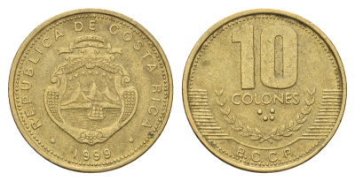 Коста-Рика 10 колонов 1999 KM 228a.1 алюминиевая бронза 183-1016