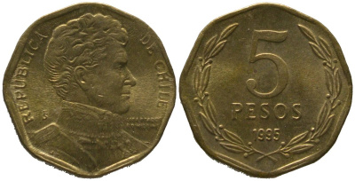 Чили 5 песо 1995 So KM 232, Schon 81 алюминиевая бронза aUNC 4387-861