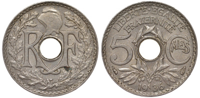 Франция 5 сантимов 1936 KM 875 медно-никель 4164-236